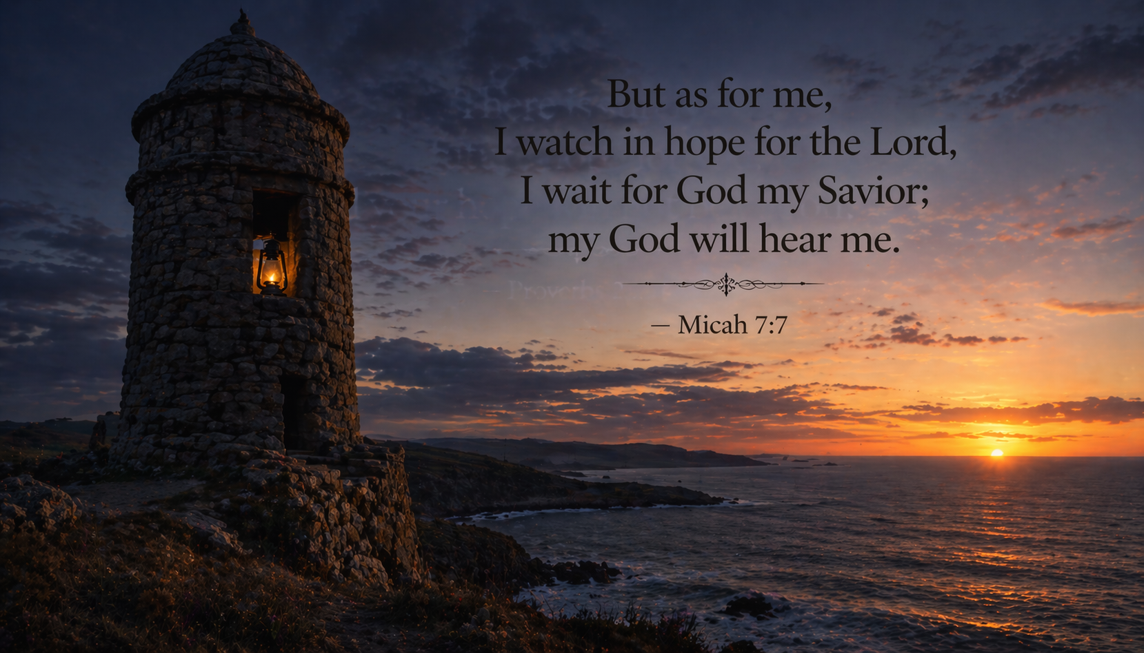 Ancient stone watchtower on coastal cliff pre-dawn oil lamp burning in window first gold light on horizon over dark ocean -- Micah 7:7 wallpaper